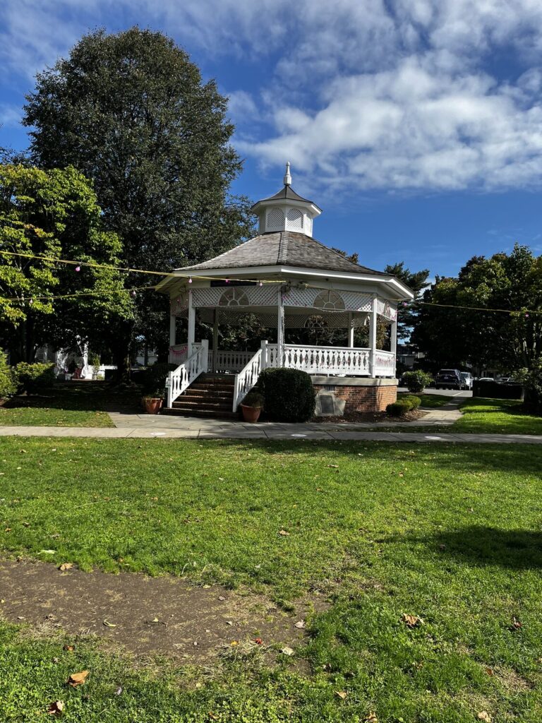 Sherman Green and its gazebo on a sunny day in downtown Fairfield, Connecticut