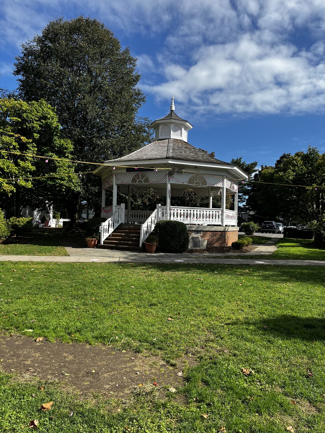 Sherman Green and its gazebo on a sunny day in downtown Fairfield, Connecticut