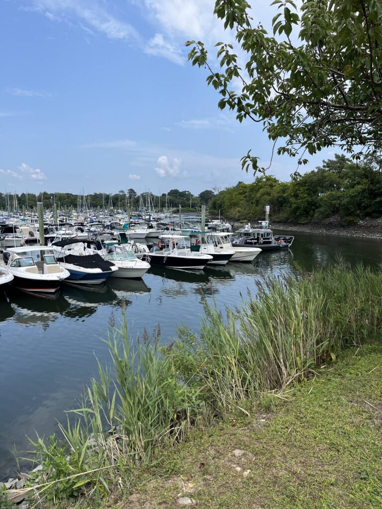 Boats moored at a marina in Fairfield, Connecticut on Long Island Sound