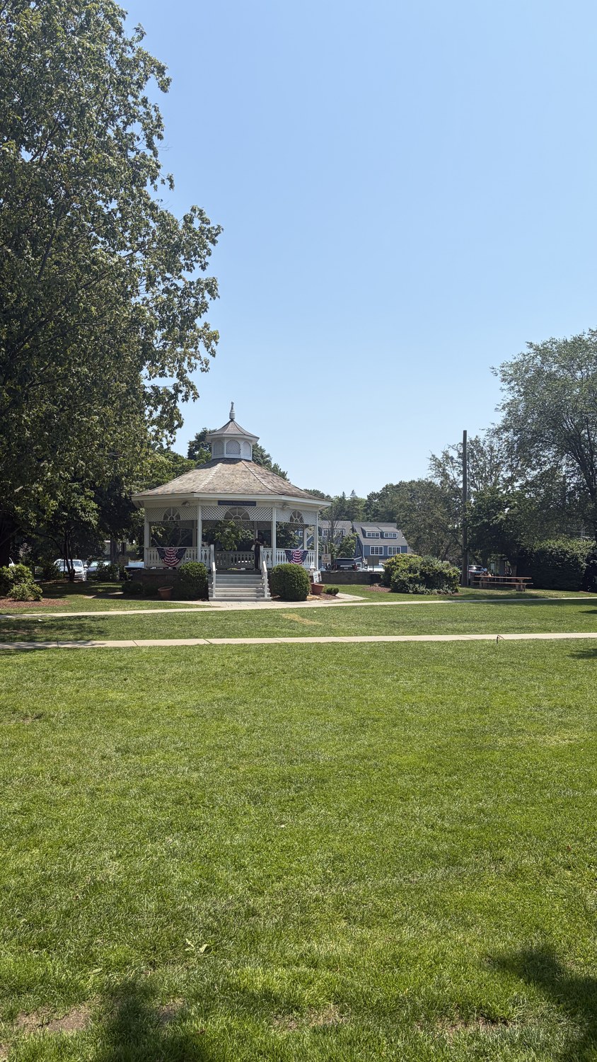 The historic gazebo on Sherman Green in downtown Fairfield, Connecticut, draped in Fourth of July bunting